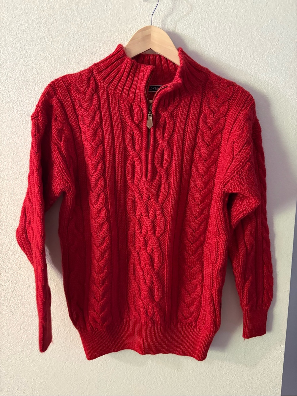 Dadcore Red Fishermans Knit Quarter-Zip Sweater British Wool Small Cabincore